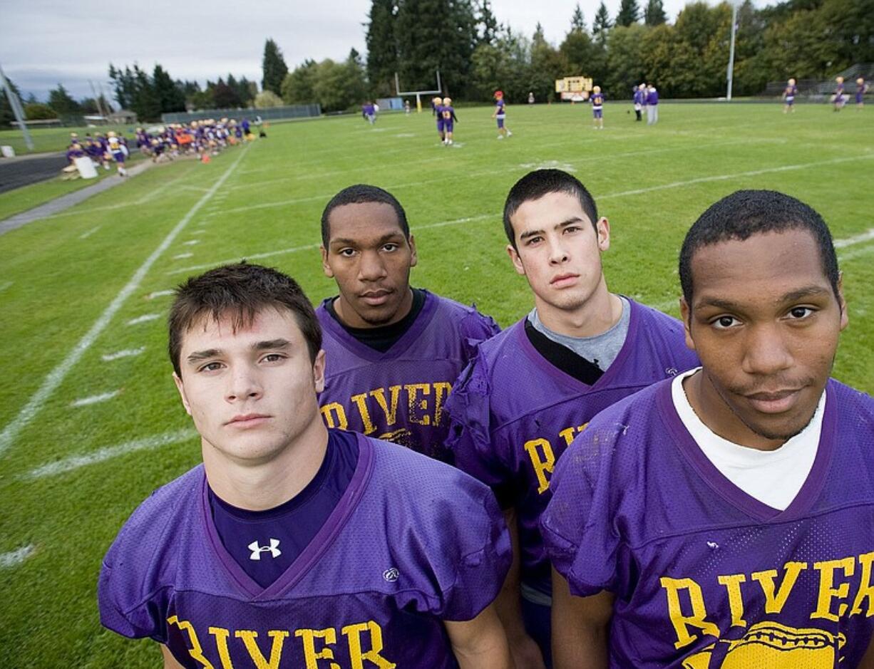 Columbia River football players, from left, Remick Kawawaki, Rayvon Wess, Clayton Frank and Rayshawn Wess, are all sophomores and all playing varsity.