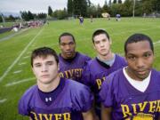 Columbia River football players, from left, Remick Kawawaki, Rayvon Wess, Clayton Frank and Rayshawn Wess, are all sophomores and all playing varsity.