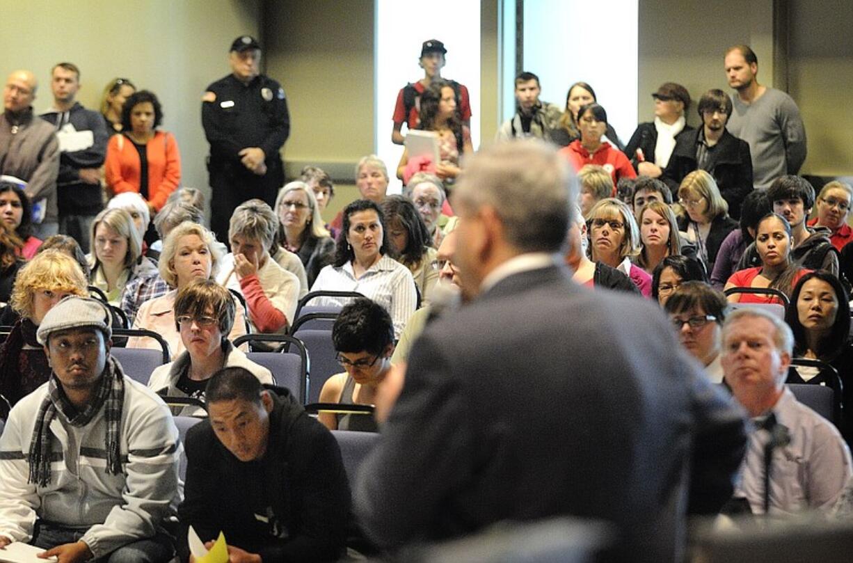 Bob Knight, president of Clark College, speaks to a large Gaiser Student Center crowd on Monday.