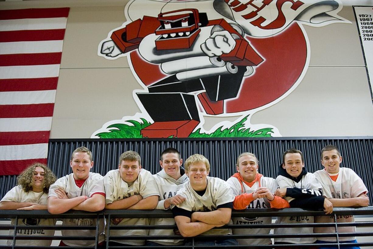 The Camas football front line, from left, Justin Lebowsky, Chip Sudbeck, Keegan Dyehouse, Trevor Clarkson, David Anderson, Odin Coe, Kyle Ervin and Dylan Harris.