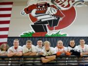 The Camas football front line, from left, Justin Lebowsky, Chip Sudbeck, Keegan Dyehouse, Trevor Clarkson, David Anderson, Odin Coe, Kyle Ervin and Dylan Harris.