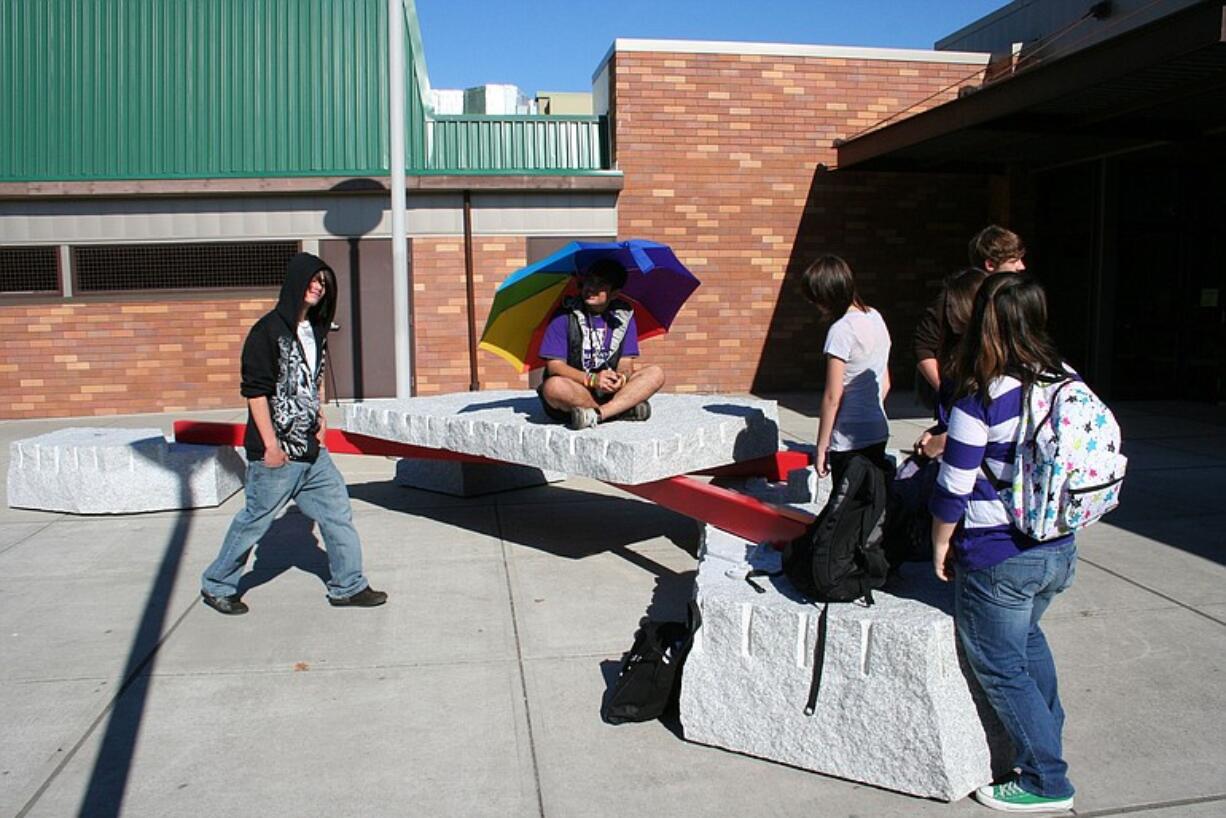 Evergreen: Students use a new sculpture by Brian Goldbloom, which was installed at Evergreen High School.