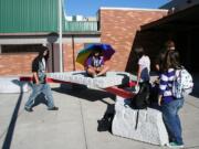 Evergreen: Students use a new sculpture by Brian Goldbloom, which was installed at Evergreen High School.