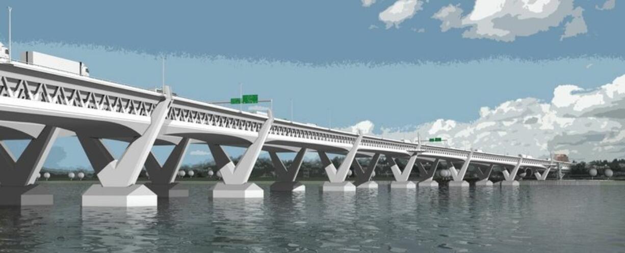 This rendering depicts a now-eliminated proposal for a new Columbia River Crossing curving downstream from the existing twin drawbridges.