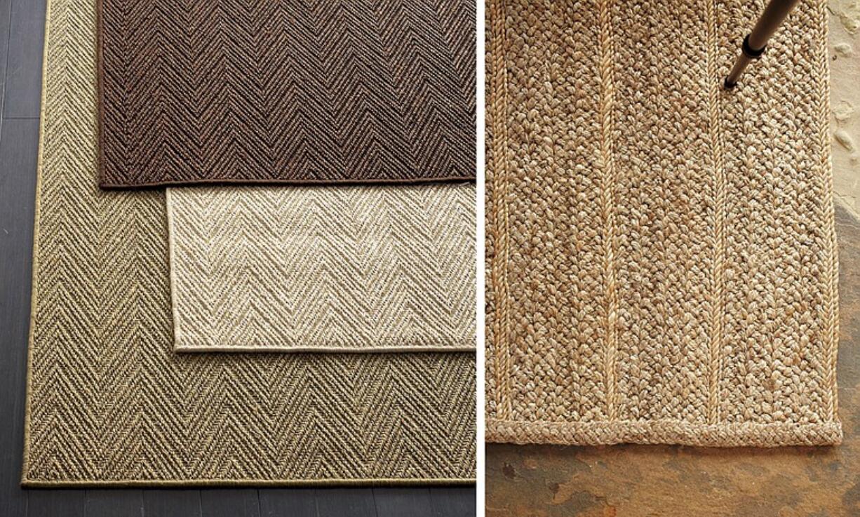 Island Chevron's jute and sisal rugs, left, and a flat-braided jute rug, $499 each for an 8-by-10-foot rug at Crate and Barrel and Pottery Barn.