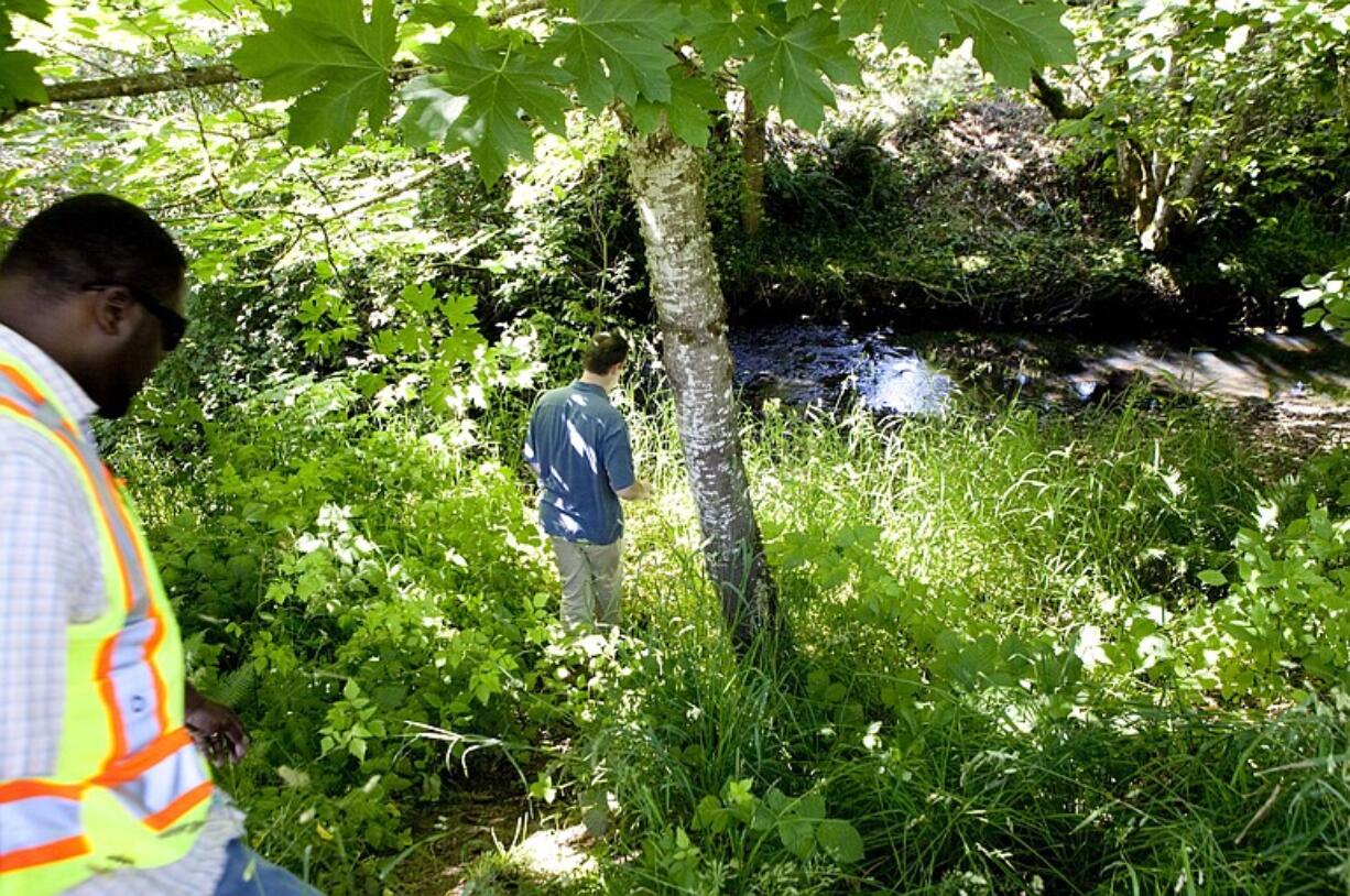 James Martin, left, facilities operations director for WSU Vancouver, and Jeff Wittler, environmental resources manager for Clark Public Utilities, walk down the bank of Mill Creek where the two organizations are working to restore the creek.