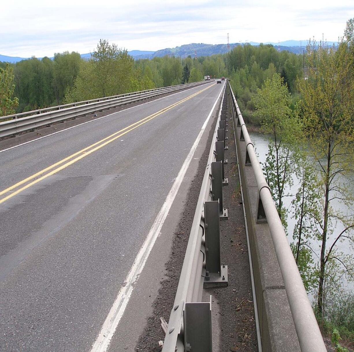 Because it lacks a median barrier, the West Camas Slough Bridge near Camas has a high potential for a head-on accident.