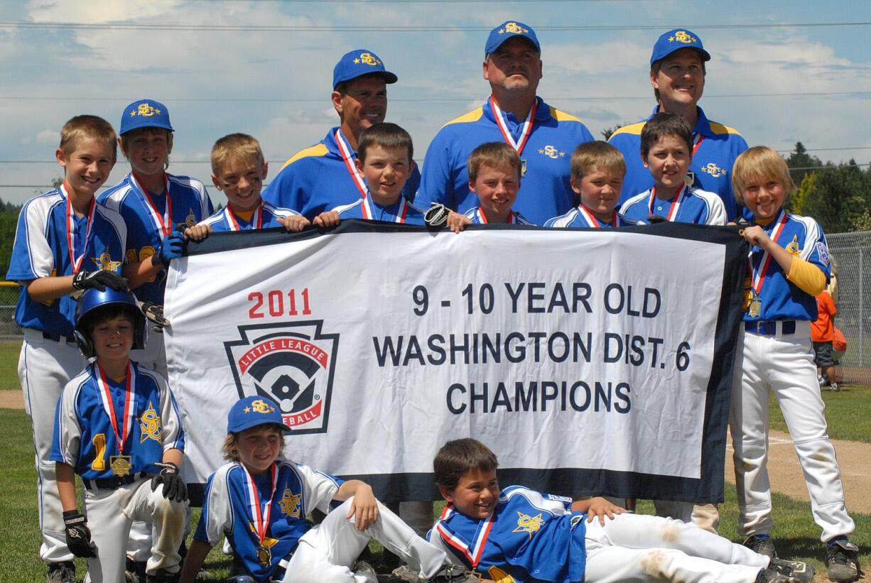 The Salmon Creek Little League 9- to 10-year-olds went undefeated this season. Back row from left, coach Scott Lewis, manager Troy Schmidt and coach John Aarhus. Middle row from left, Carter Sutton, Bradley Antal, Tyler DeJong, Cooper Barnum, Jacob Dixon, Braden Aspon, Isaiah Rupp and Hunter Aarhus.