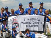 The Salmon Creek Little League 9- to 10-year-olds went undefeated this season. Back row from left, coach Scott Lewis, manager Troy Schmidt and coach John Aarhus. Middle row from left, Carter Sutton, Bradley Antal, Tyler DeJong, Cooper Barnum, Jacob Dixon, Braden Aspon, Isaiah Rupp and Hunter Aarhus.