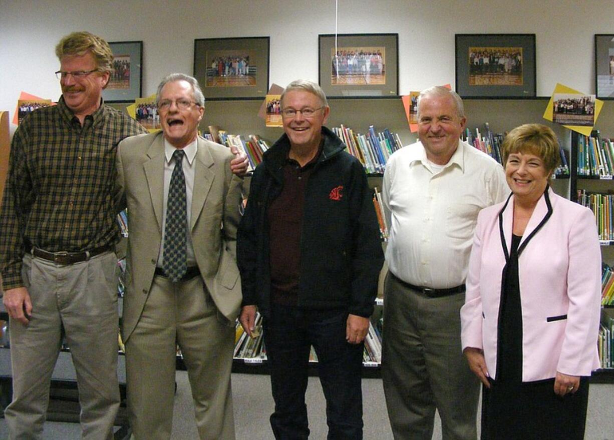 Former Maple Grove Primary principals and their last year at the school, from left, are Steve Lien, 2005; Tom Nadal, 1998; Chuck Anderson, 1986; and Duane Rose, 1983, with current principal Barbara Baird.