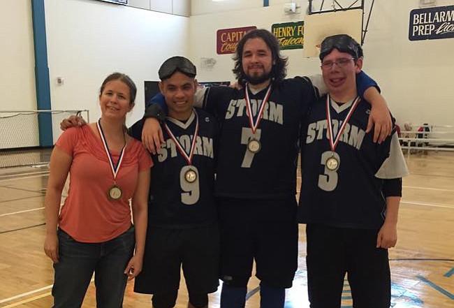 Members of the Northwest Storm goalball team that won a recent tournament in Tacoma include coach Sonja Steinbach (from left), Nov Gnik, Nathan Purcell and Gabe Markstrom.