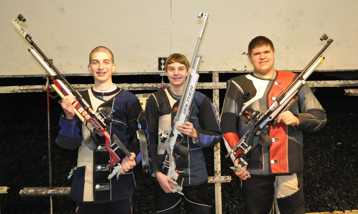 Qualifying in air rifle for the USA Shooting National Junior Olympic Championships were (from left) Casper Schadler, 15, Tyler Horn, 13, and Kyle Ueltschi, 18.