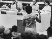 An audience member addresses Clark County Commissioners Dean Cole, from left, Dick Granger and Connie Kearney at a meeting in the 1970s.