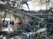 Roommates Roy Sorrick, Annie Cramer and Jim Childress observe the damage to their home from large tree limbs that fell Tuesday during a wind storm.