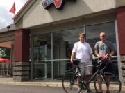 On July 19, good friends Matt Wastradowski, left, and Dusty Hartshorn will ride their bikes to every Burgerville in Clark County to raise money for the local chapter of the National Multiple Sclerosis Society.