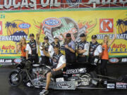 Len Darnell, a Hazel Dell mechanic, won his first NHRA Top Fuel Harley event for the Damian Cownden Racing team in California on Feb.