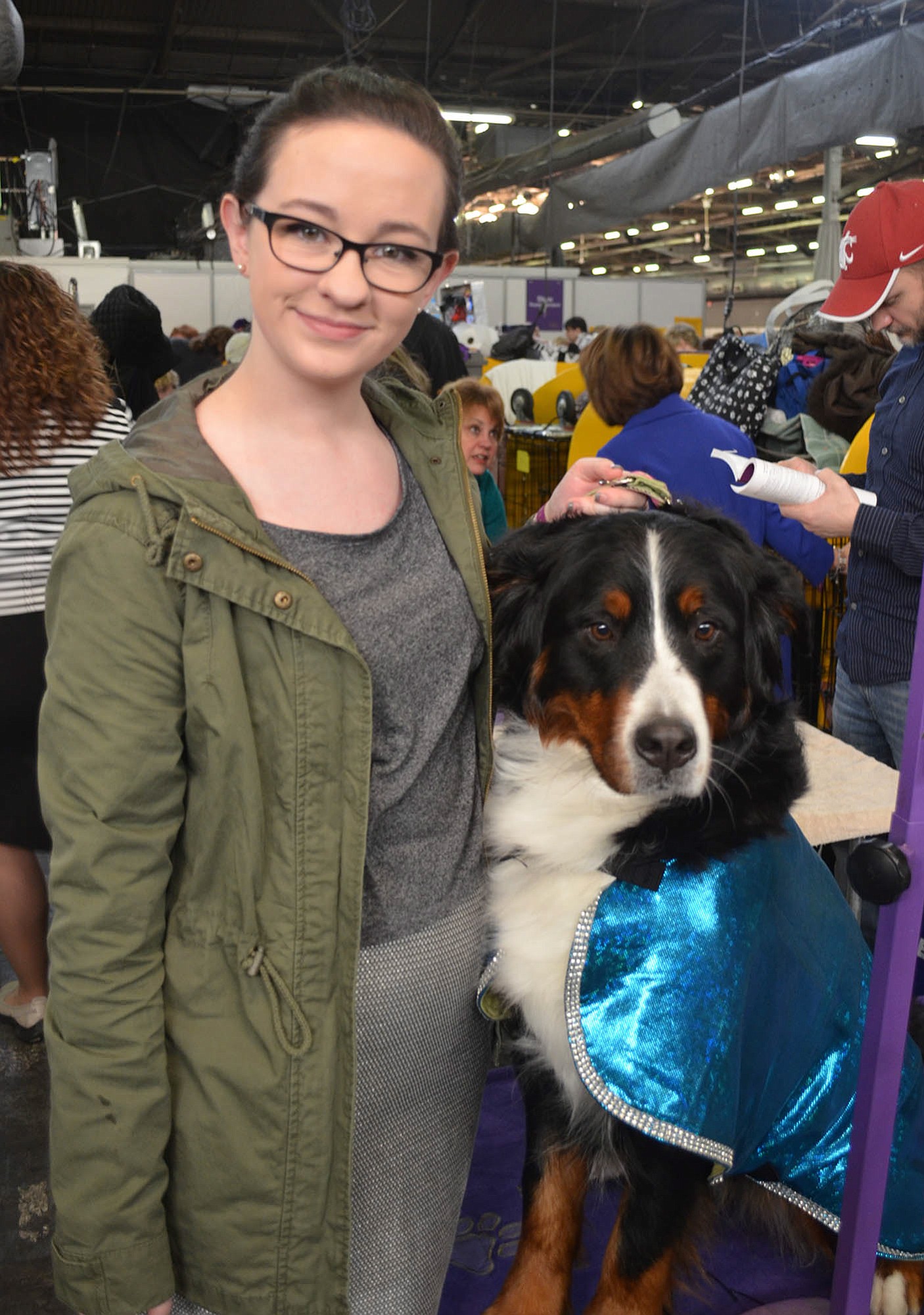 Lauren Weber and her Bernese mountain dog, Gloree, wait backstage at the Westminster Kennel Club 139th Annual Dog Show in New York City.