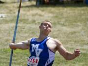 Mountain View's Lexington Reese gets ready to cut one loose during the 4A boys javelin on Saturday, May 30, 2015, in the finals at the state track and field meet in Tacoma. Reese placed third in the event.