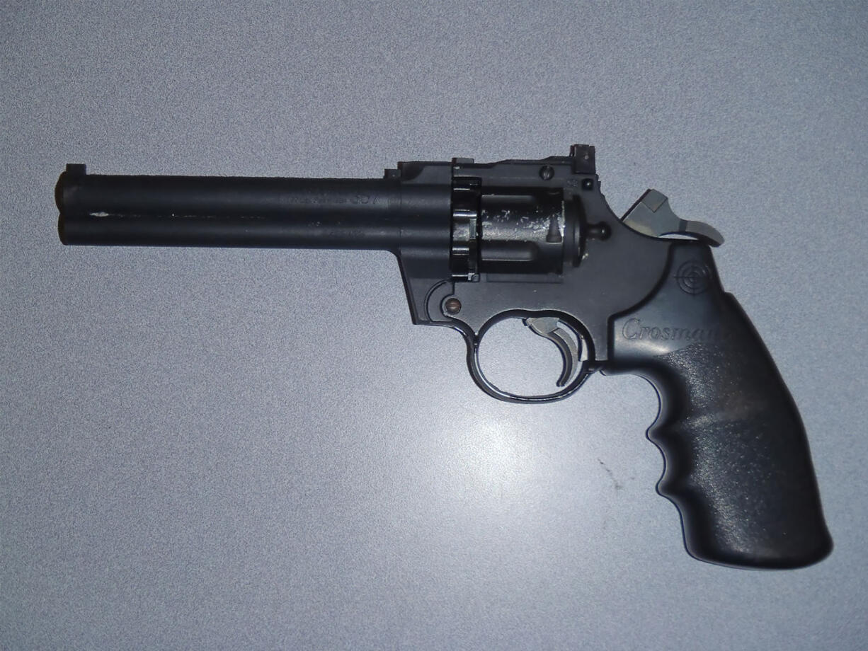 Camas police say they seized this plastic pellet gun that resembles a .357 revolver in this photo provided Friday.