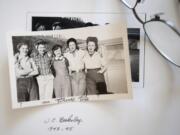 Martha Frederick, second from left, with other women in the swing-shift crew at the machine shop during World War II.