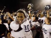 The Skyview football team celebrates after beating Union at McKenzie Stadium, Friday, October 29, 2010.