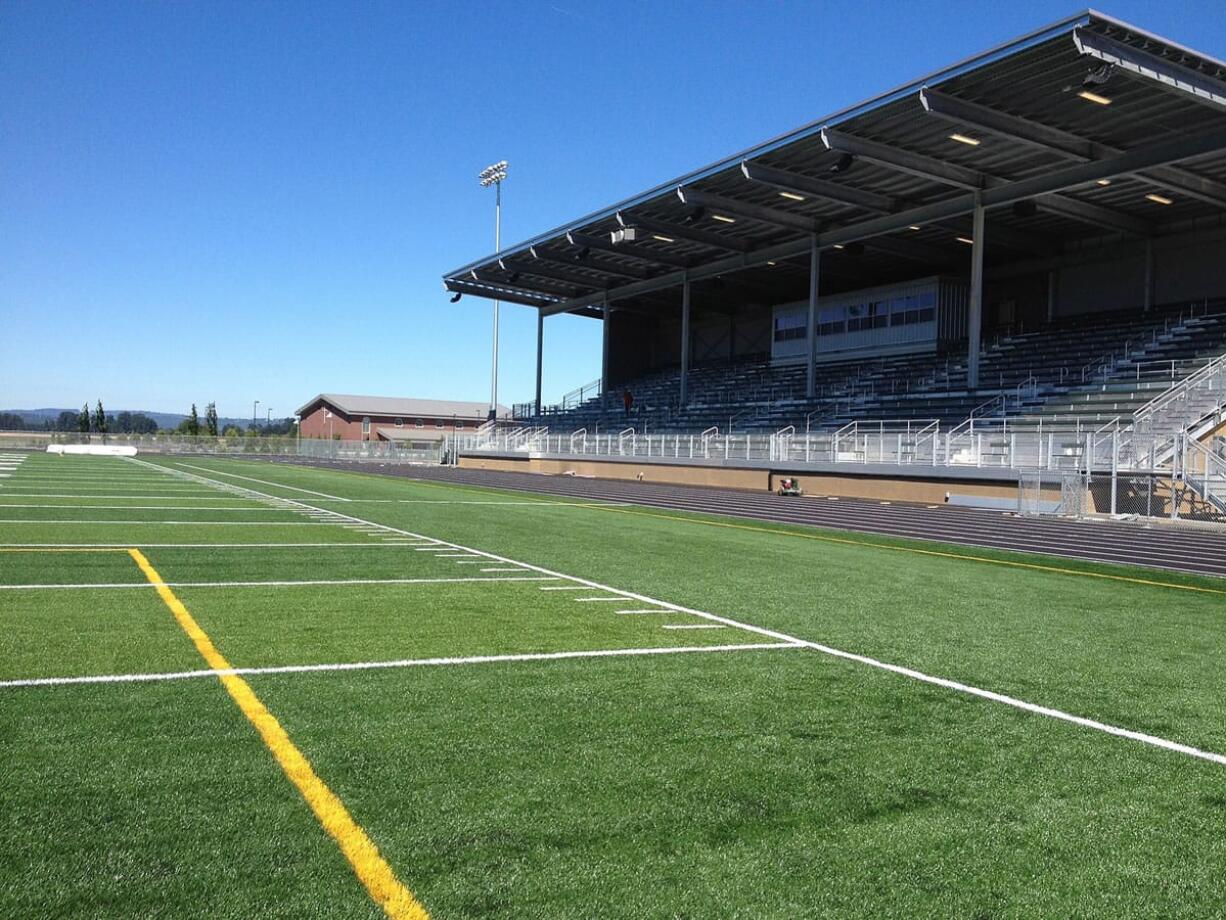 Beaver Stadium at the new Woodland High School features artificial turf and 1,600 seats. That's twice as many as the old stadium. Football practice begins Aug.