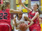 Prairie's Cherita Daugherty drives to the basket against Camas in a game earlier this season.