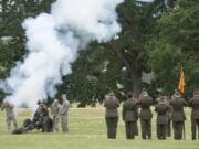 Second Battalion, 146th Field Artillery fire a cannon Monday at the annual Memorial Day ceremony at Fort Vancouver.