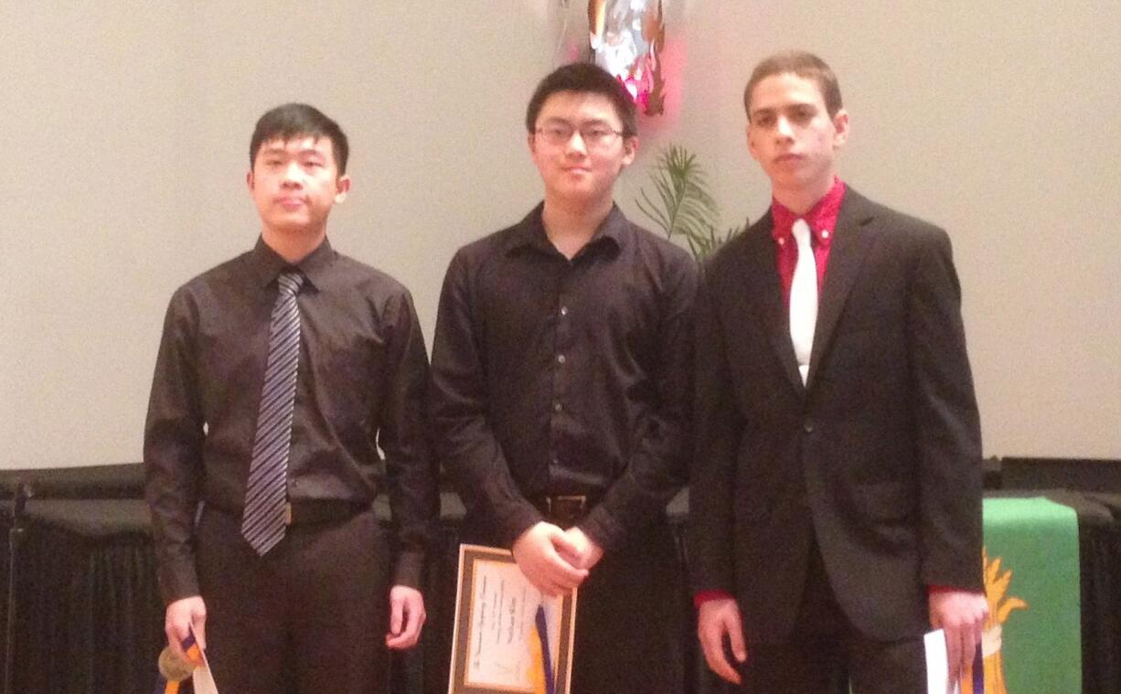 Vancouver: Violinist Yun Teng of Camas, from left, and pianists Nathan Kim of Newberg, Ore., and Matthieu Galizia of St. Helens, Ore., were gold-medal winners on Feb.