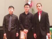 Vancouver: Violinist Yun Teng of Camas, from left, and pianists Nathan Kim of Newberg, Ore., and Matthieu Galizia of St. Helens, Ore., were gold-medal winners on Feb.