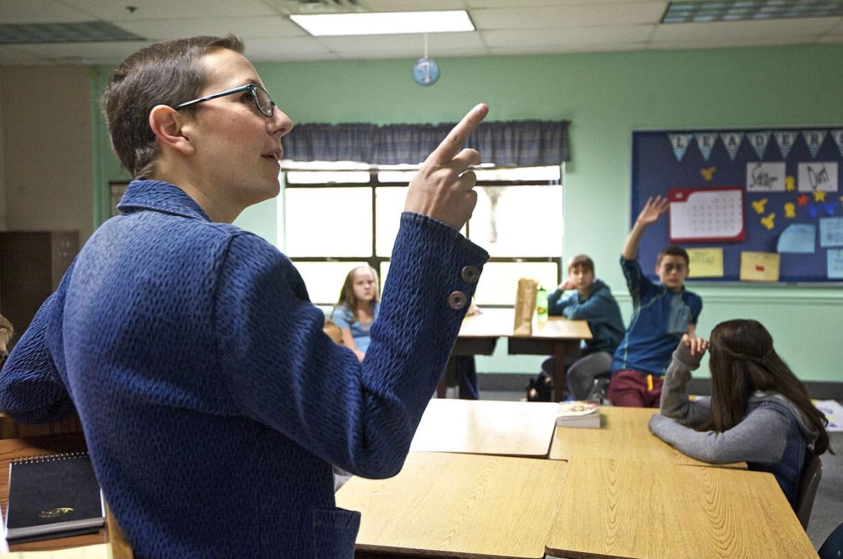 Hockinson Middle School teacher Kendall Jones of Vancouver gives directions in her leadership class Wednesday.