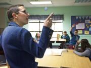 Hockinson Middle School teacher Kendall Jones of Vancouver gives directions in her leadership class Wednesday.