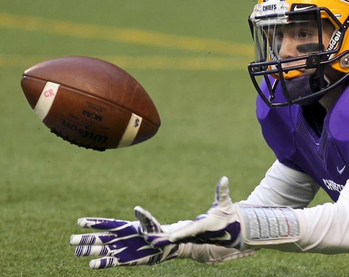 Columbia River's Rory Menegat tried to catch a ball in a district playoff football game in Vancouver Saturday November 8, 2014. Columbia River will now go on to compete in the state championship.