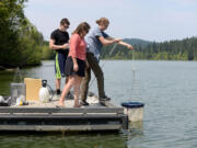 Photos by Amanda Cowan/The Columbian
University of Portland student Matt Perry, from left, joins Washington State University Vancouver professor Gretchen Rollwagen-Bollens and WSU Vancouver student Kate Perkins as she drops a plankton net to take samples in Lacamas Lake on Tuesday.