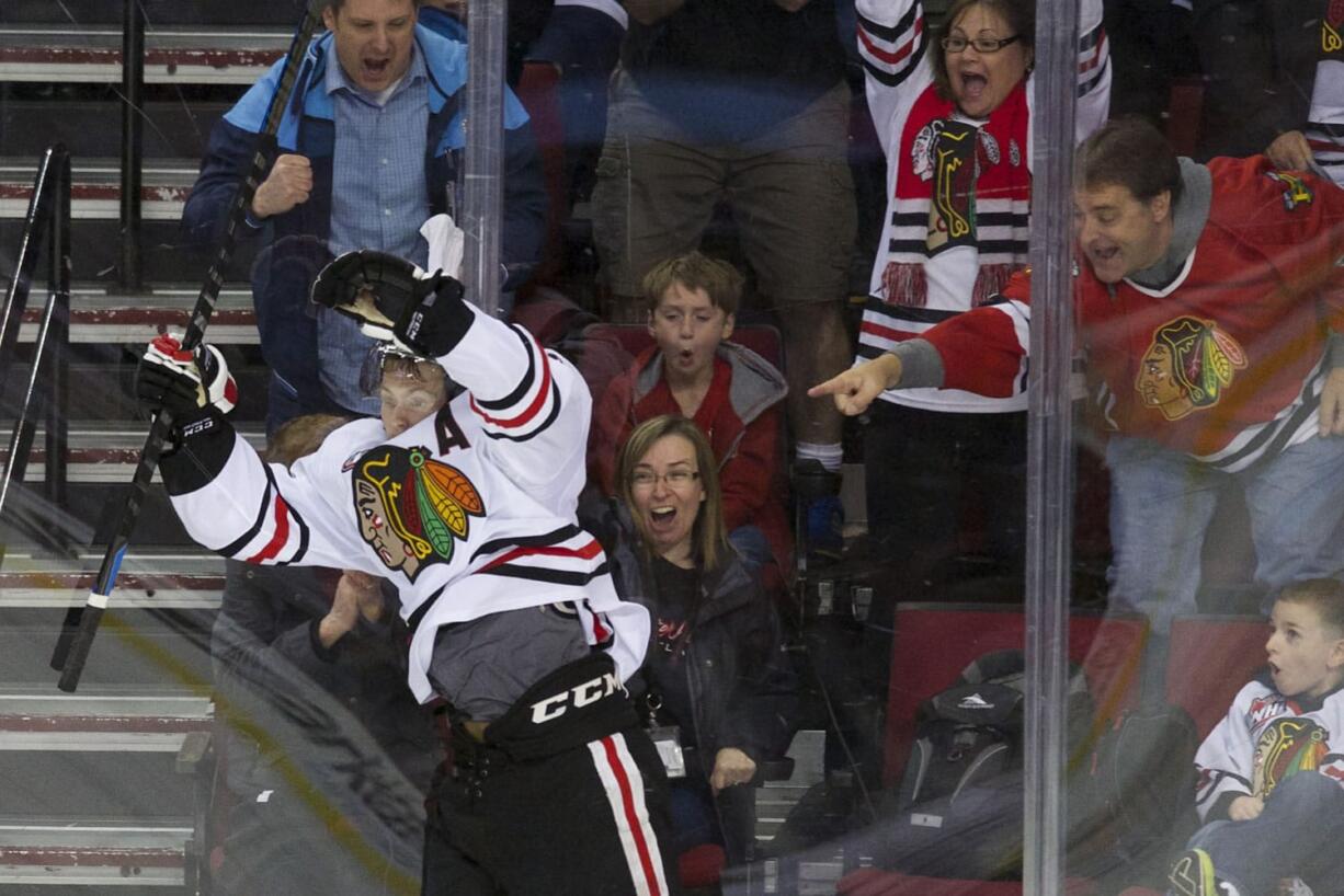 Oliver Bjorkstrand celebrates after scoring a goal against Kelowna in the WHL Western Conference Finals.