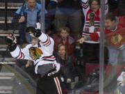 Oliver Bjorkstrand celebrates after scoring a goal against Kelowna in the WHL Western Conference Finals.