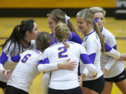 The Columbia River volleyball team celebrates a point against Hudson's Bay, Thursday, October 31, 2013.