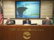 Port commissioners Jerry Oliver, from left,  Nancy Baker, and Brian Wolfe at a meeting at the the Port of Vancouver in April.