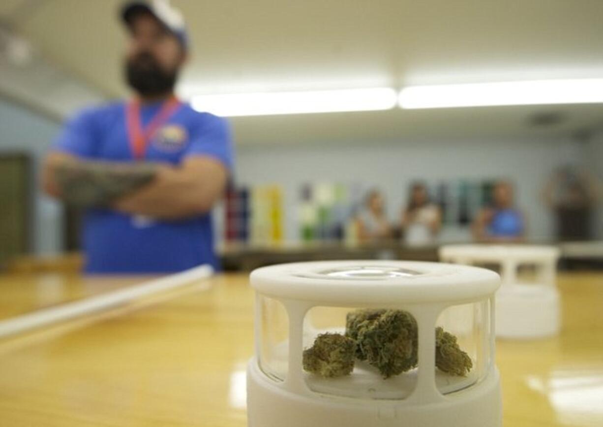 Customers have the opportunity to inspect different strains of marijuana for sale during the grand opening of New Vansterdam marijuana shop on July 11.