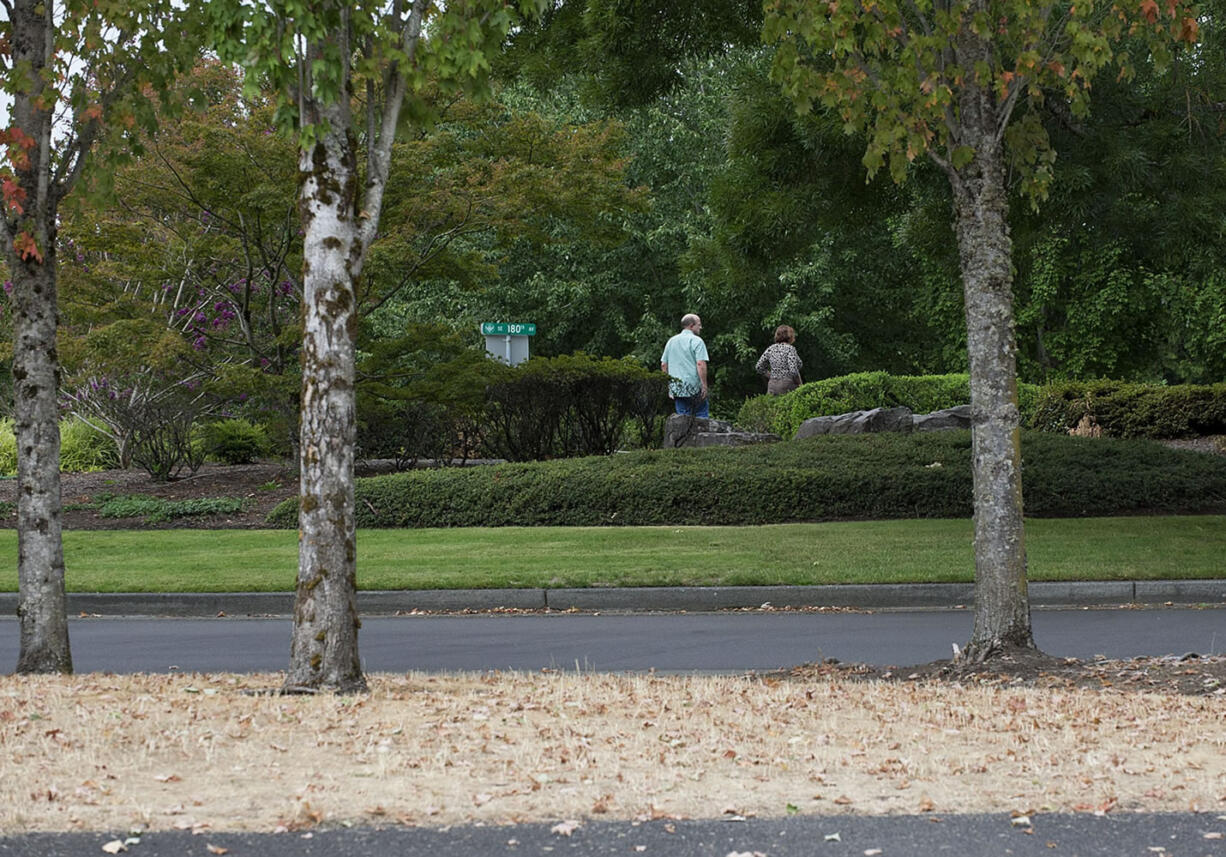 The green grass in the roundabout near Summer's Walk park, top, which is maintained by the homeowners, provides a contrast to the dried grass of the park, bottom, which is maintained by the city, Friday morning, August 28, 2015.