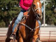 Orchards: Tina Olson, founder of The Chopper Fund, and her horse Dash at the Chasin' For Chopper barrel racing event to raise money for major medical expenses for shelter animals.