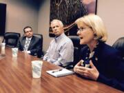 Clark County council chair candidates, from left, Mike Dalesandro, Marc Boldt and Jeanne Stewart meet with The Columbian's editorial board Friday.