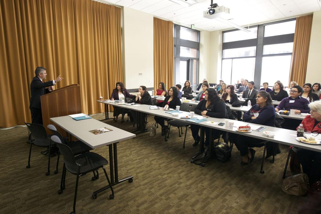 Washington State Supreme Court Justice Steven Gonzalez describes the progress that's been made and the ongoing prejudice faced by Latinos in the United States during a Latino leadership-development forum at Vancouver City Hall on Tuesday afternoon.