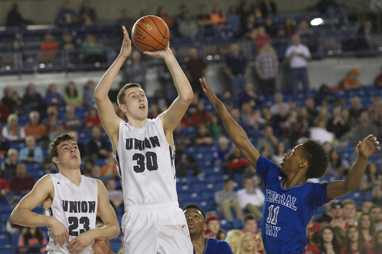 Cameron Cranston takes a shot in Union's loss to Federal Way (Steven Lane/The Columbian)