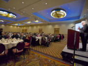 Long-standing board member and guest of honor Cheryl Pfaff thanks the crowd during the 15th annual fundraising luncheon for the Council for the Homeless, held at the Hilton Vancouver Washington on Thursday.