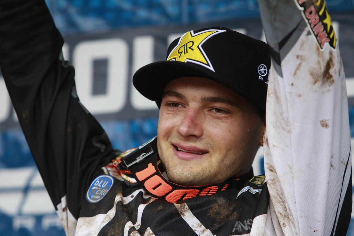 Cooper Webb celebrates a win in the 250 MX2 at the Washougal National Motocross.