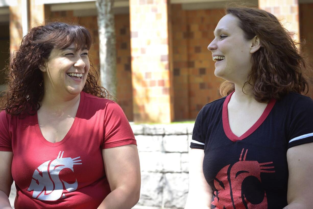 Ariane Kunze/The Columbian
Longtime friends Christina Hamilton, left, and Breanna Shores went back to school in adulthood. On Saturday, the women will graduate from Washington State University and will deliver the WSU Vancouver commencement address together.