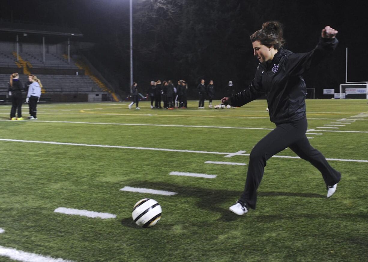 Marion Lilly of the Columbia River Girls Soccer team as they train for state at Kiggins Bowl in Vancouver Wa., Wednesday Nov.,19, 2014.