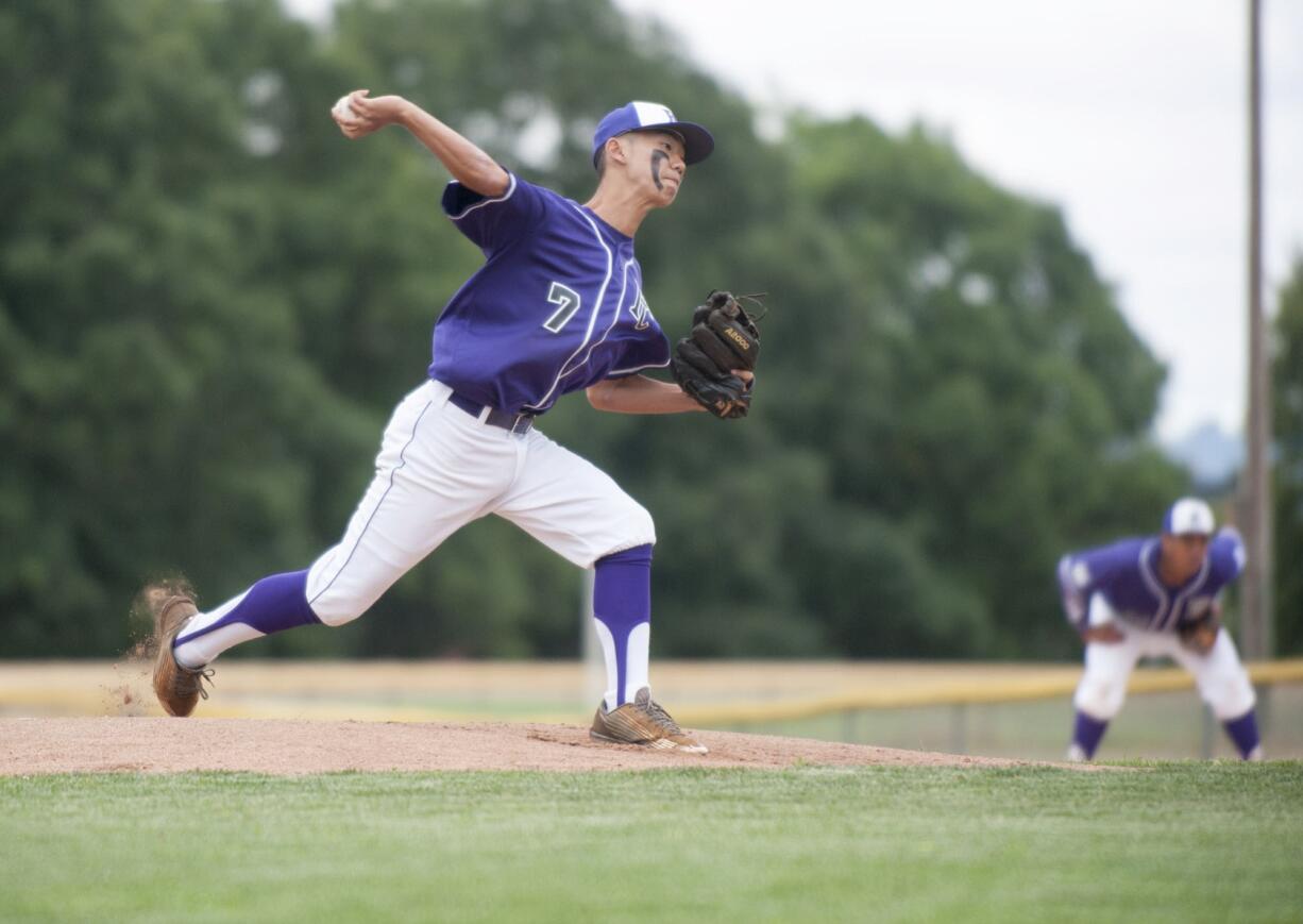 Carter Hirano from Pearl City, Hawaii pitches during a game againt Billings, Montana at the Junior League Baseball Western Regional tournament in Vancouver Wednesday August 5, 2015.