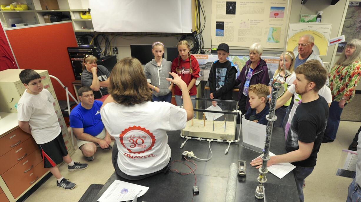 Outreach specialist Beth Bartel talks about how scientists measure the changing shape of a volcano during the U.S.